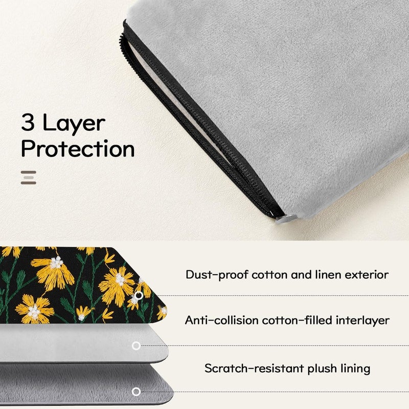 Dadanism Embroidered Daisy Padded Sleeve for All-New Kindle Paperwhite, 7" Kindle Colorsoft Signature Edition, Protective Sleeve Case for 6" K-indle/K-indle Oasis/Kobo E-Reader, Black & Yellow Daisy - Image 3